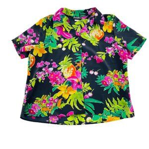 Vintage Caribou New York Womens Floral Blouse 100% Polyester Size 9 Bright Tropi
